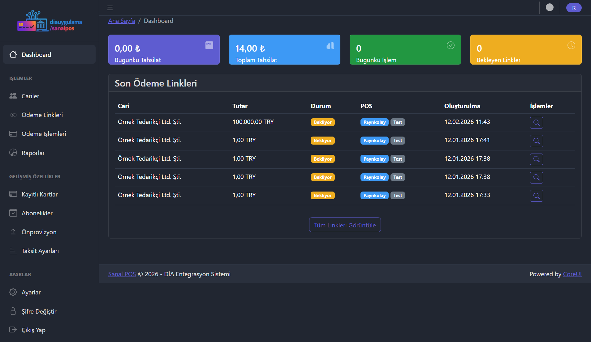 Dashboard ana ekran ekran görüntüsü